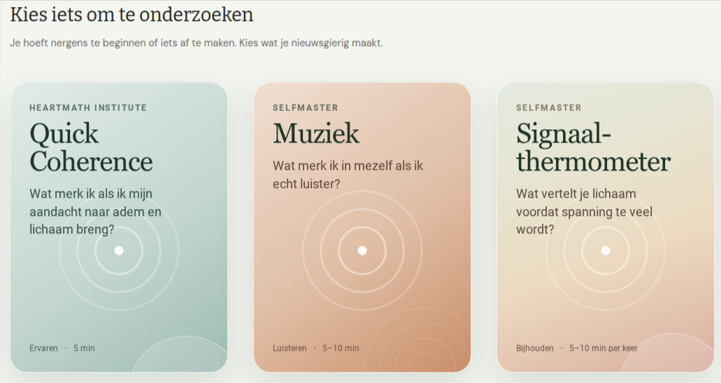 Overzicht van drie tools op Selfmaster: Quick Coherence, Muziek en Signaalthermometer.